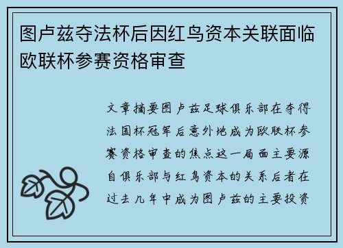 图卢兹夺法杯后因红鸟资本关联面临欧联杯参赛资格审查