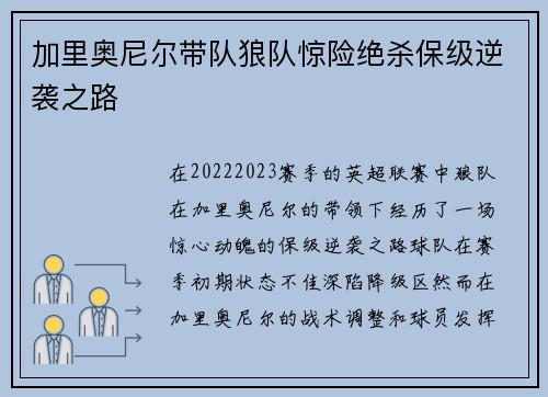 加里奥尼尔带队狼队惊险绝杀保级逆袭之路