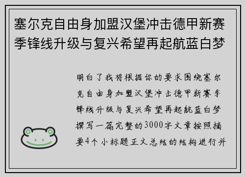 塞尔克自由身加盟汉堡冲击德甲新赛季锋线升级与复兴希望再起航蓝白梦